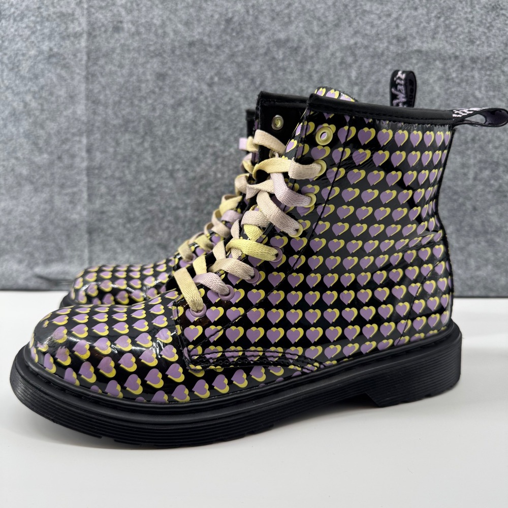 Dr. Martens 1460 J Boots Womens 5 Black Purple Yellow Heart Print Patent Leather - Picture 2 of 16
